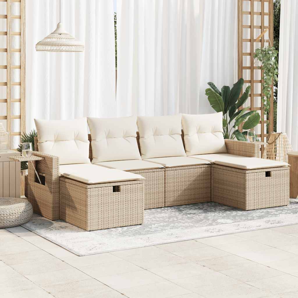 Set Divano da Giardino 6 pz con Cuscini Beige in Polyrattan