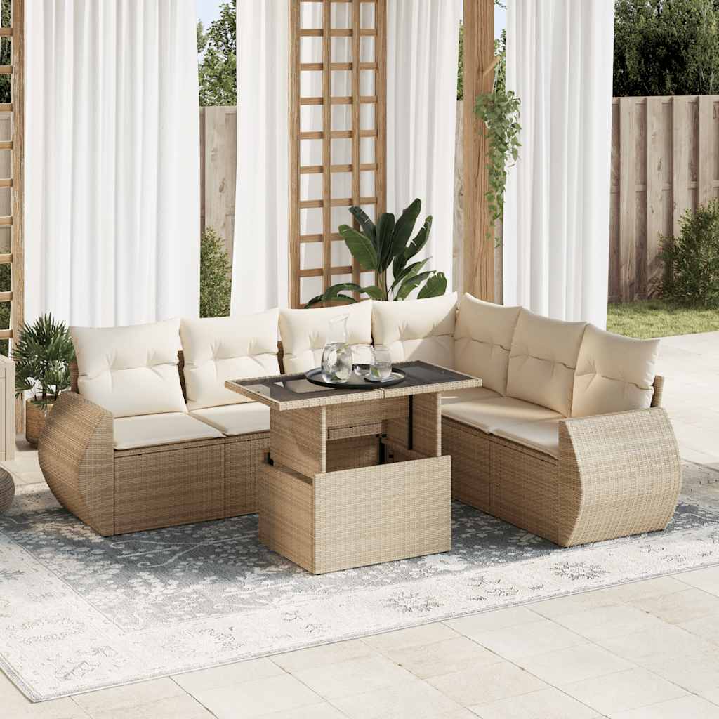 Set Divani da Giardino 7 pz con Cuscini Beige in Polyrattan