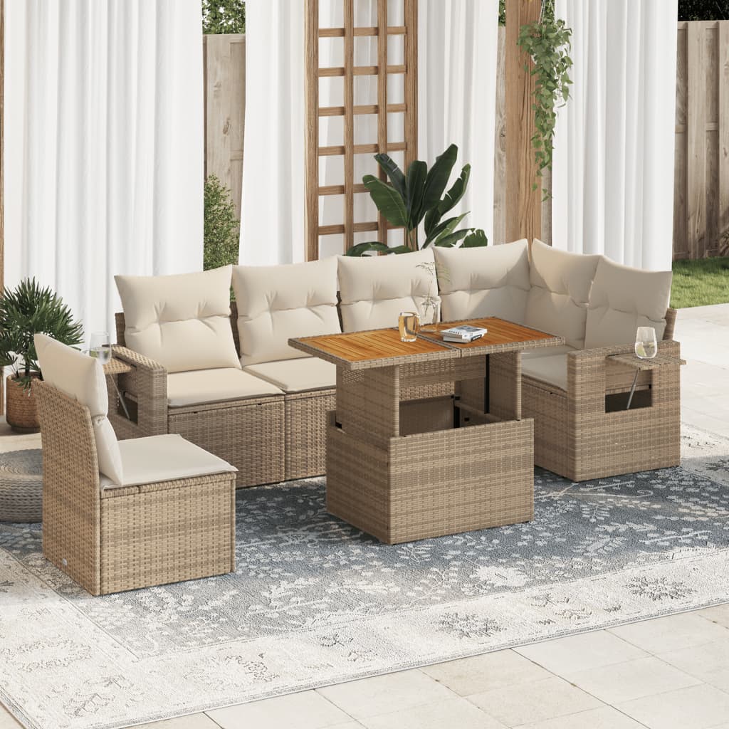 Set Divani da Giardino 7 pz con Cuscini Beige in Polyrattan