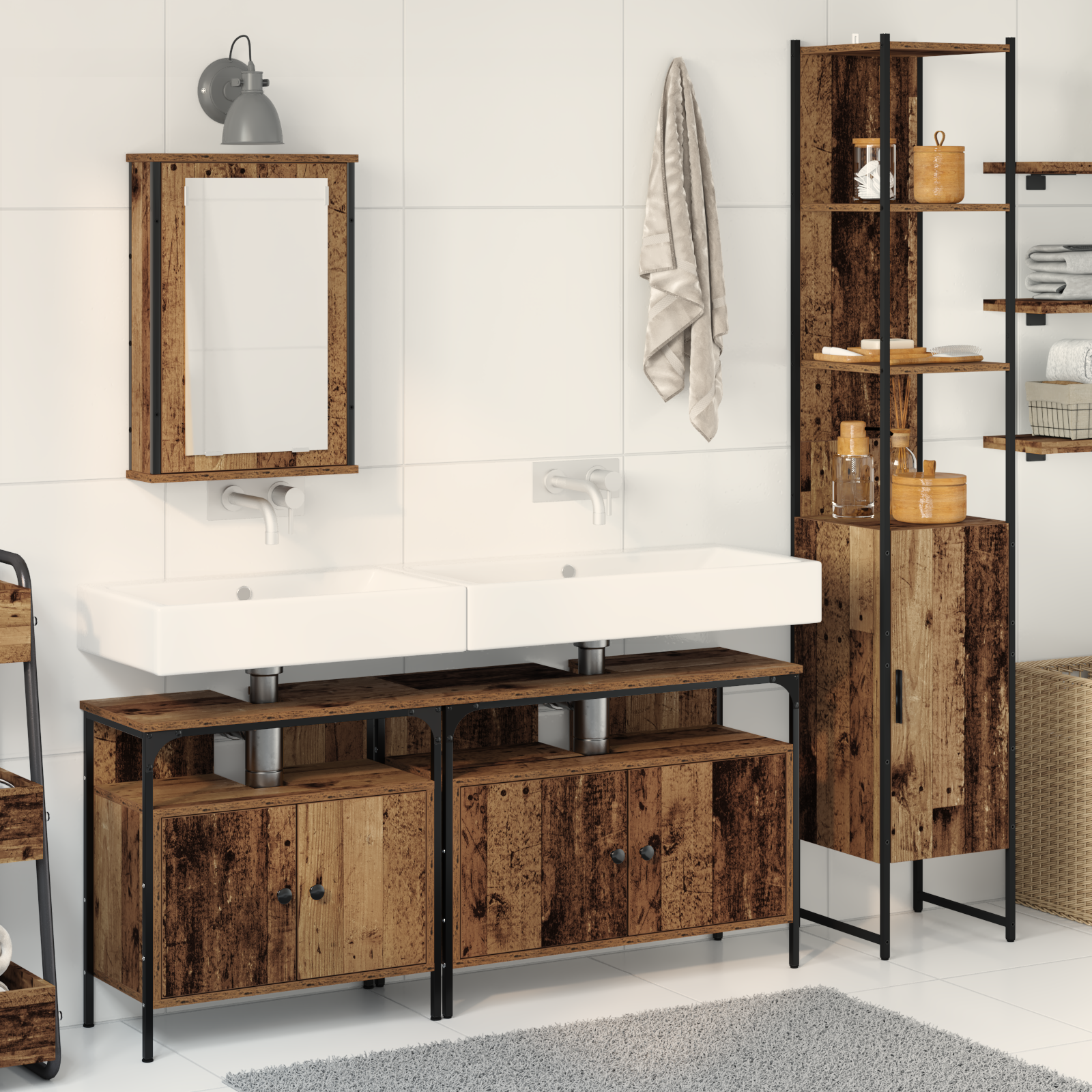Armadio da bagno con lavabo integrato - Stile legno antico, legno ingegnerizzato