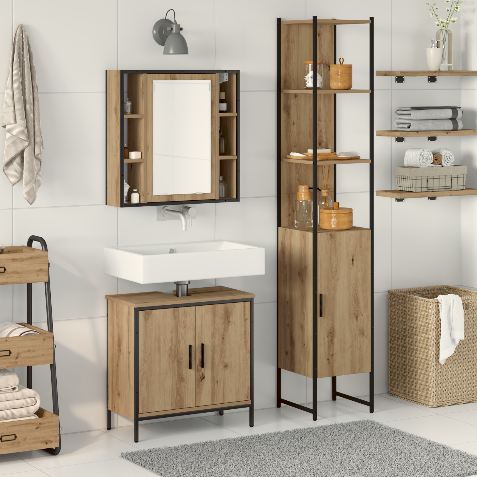 Armadio Bagno Quercia Artigianale 33x33x185.5 cm Legno Ingegnerizzato