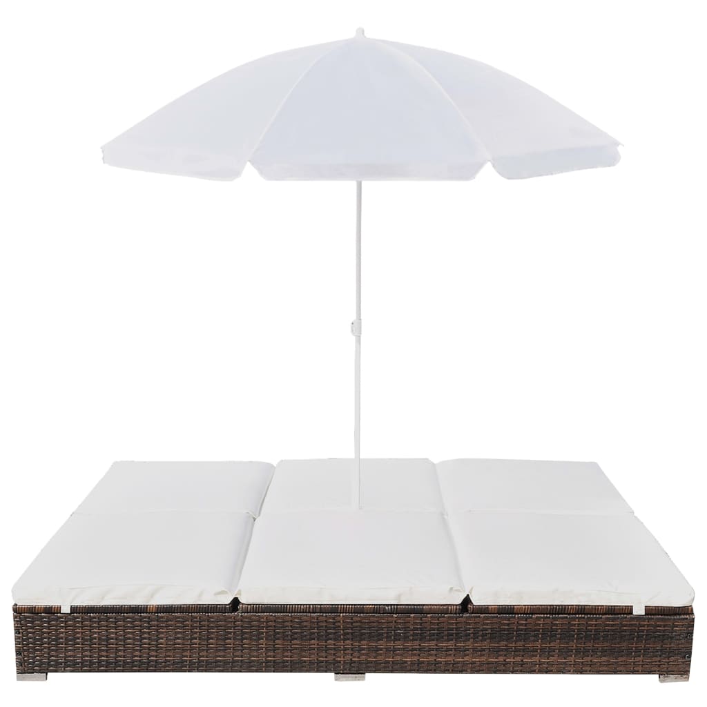 Lettino Prendisole con Ombrellone in Polyrattan Marrone