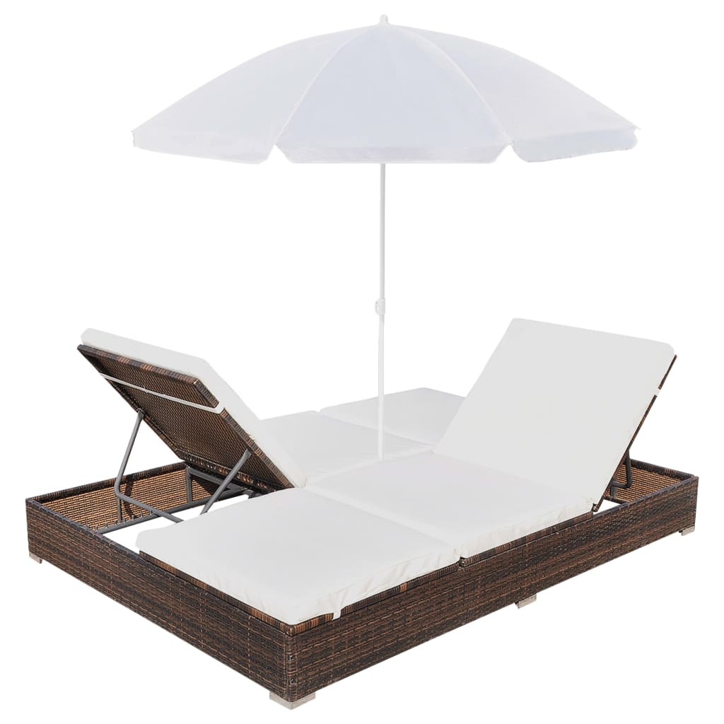 Lettino Prendisole con Ombrellone in Polyrattan Marrone