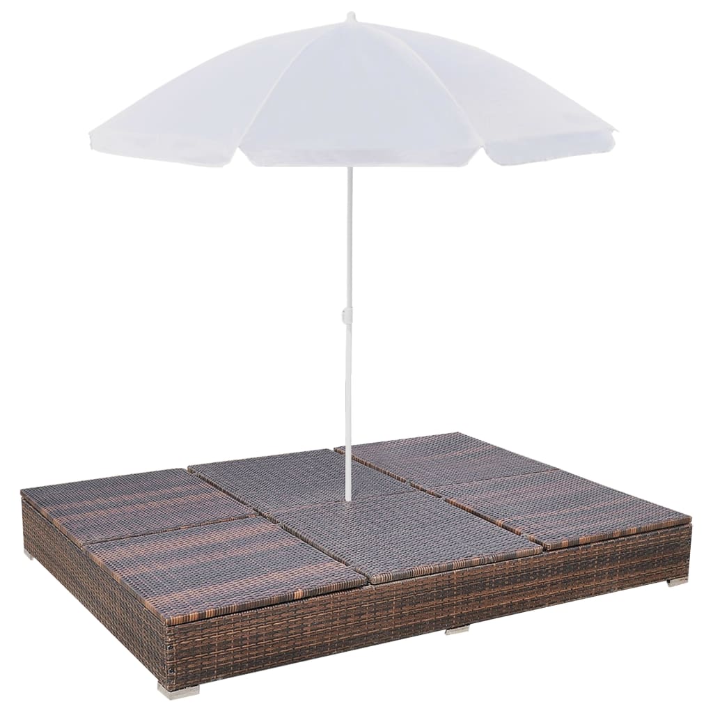 Lettino Prendisole con Ombrellone in Polyrattan Marrone