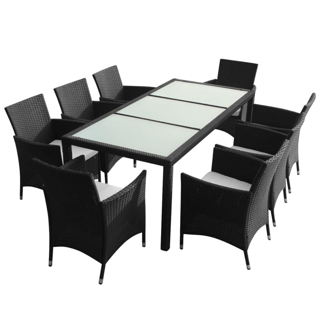 Set da Pranzo da Giardino 9 pz con Cuscini in Polyrattan Nero