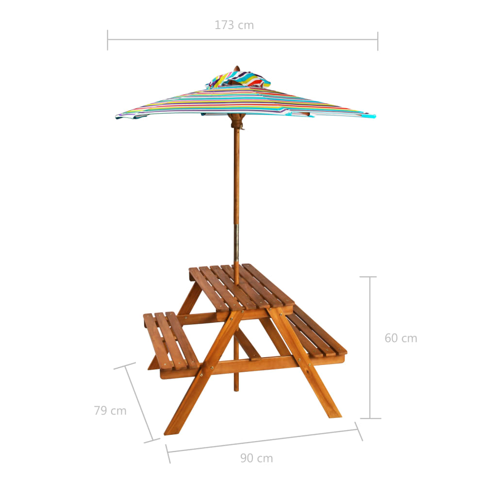 Tavolo Picnic per Bambini con Ombrellone 79x90x60cm in Acacia