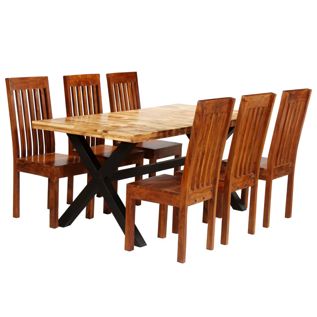 Set Tavolo da Pranzo 7 pz Legno Massello di Acacia e Mango