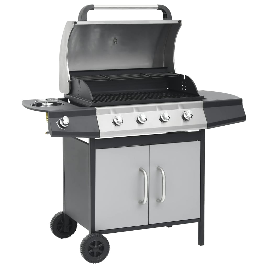 Barbecue Griglia a Gas 4+1 Fornelli Nero Argento Acciaio e Inox