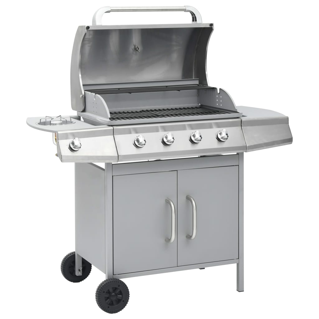 Barbecue e Griglia a Gas 4+1 Fornelli Argento in Acciaio Inox