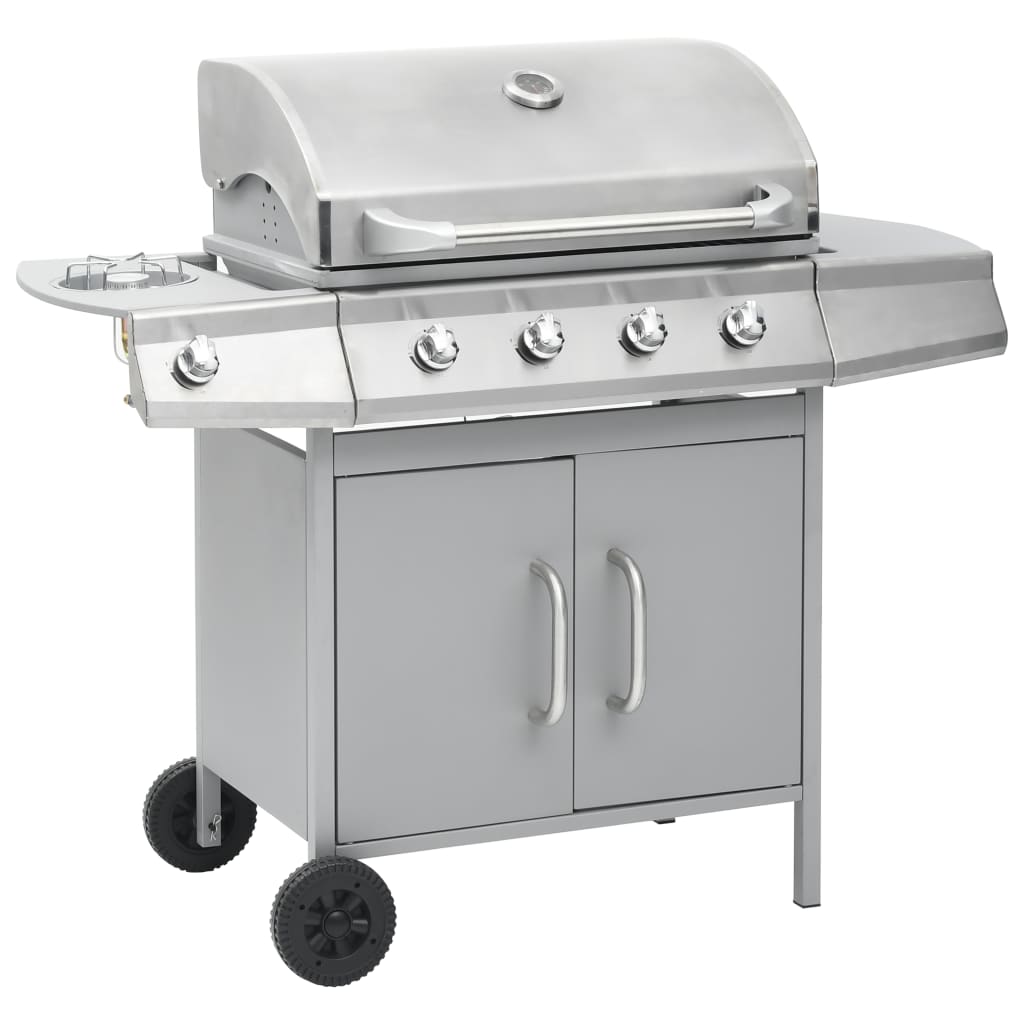 Barbecue e Griglia a Gas 4+1 Fornelli Argento in Acciaio Inox