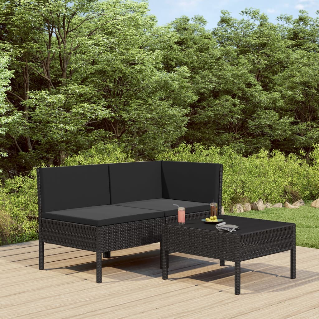 Set Divani da Giardino 3 pz con Cuscini in Polyrattan Nero