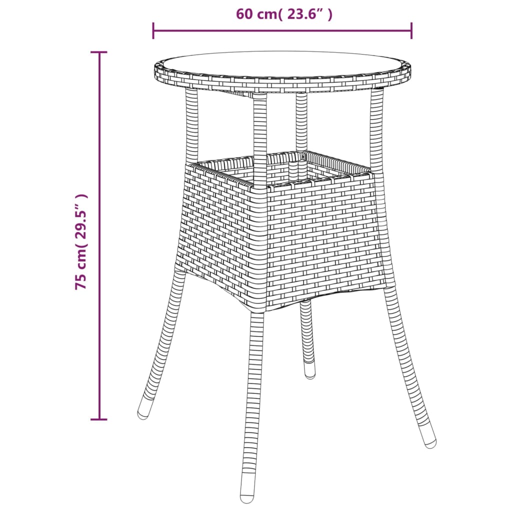 Tavolo da Giardino Ø60x75 cm Vetro Temperato e Polyrattan Nero