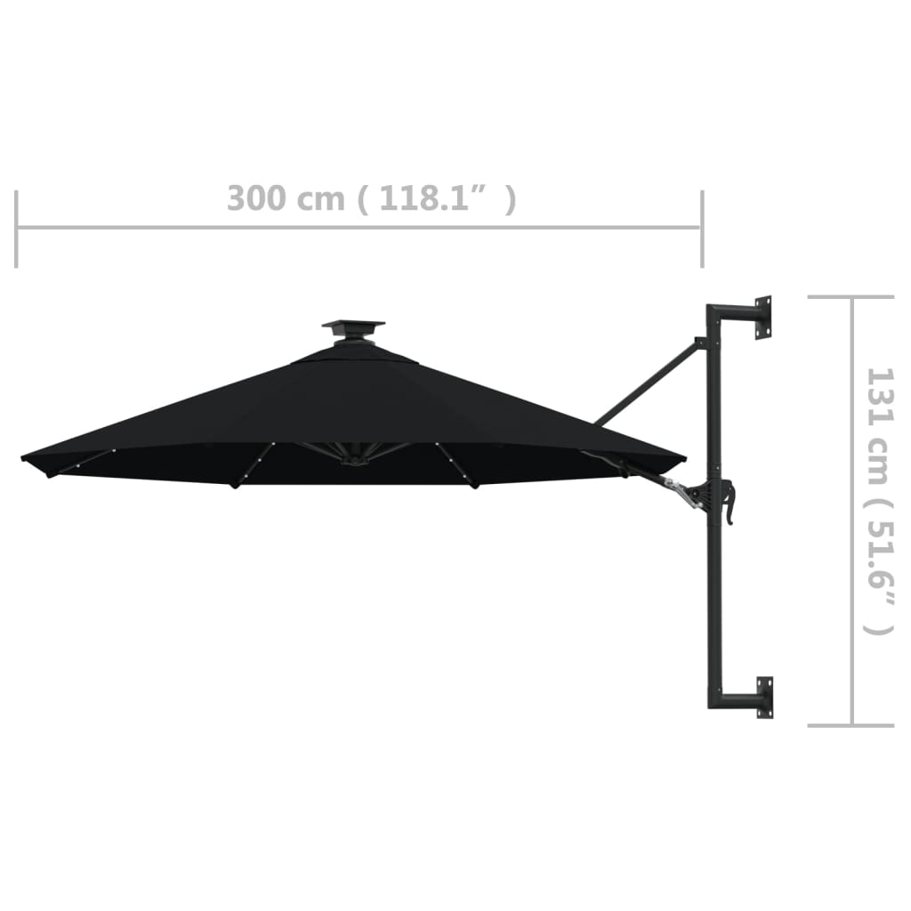 Ombrellone da Giardino a Parete con LED 300 cm Nero