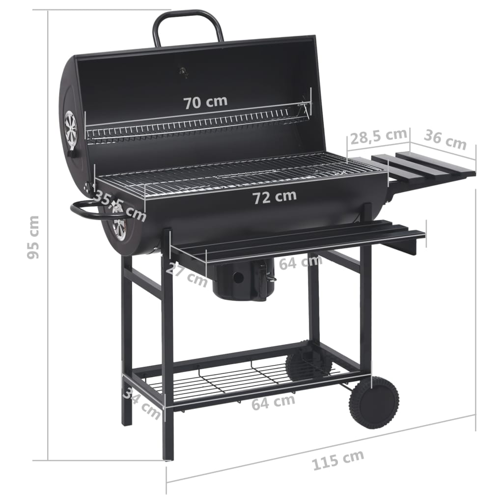 Barbecue a Barile con Ruote e Ripiani Acciaio Nero 115x85x95 cm