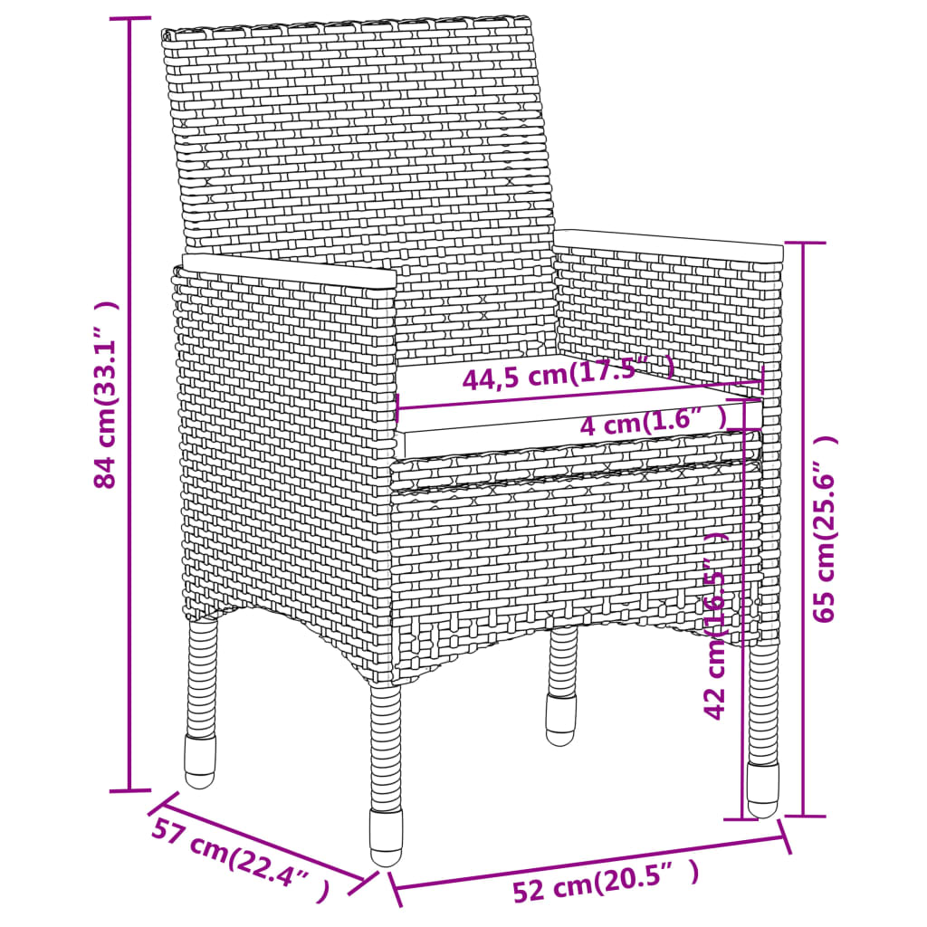 Set da Pranzo per Giardino 3 pz in Polyrattan Grigio