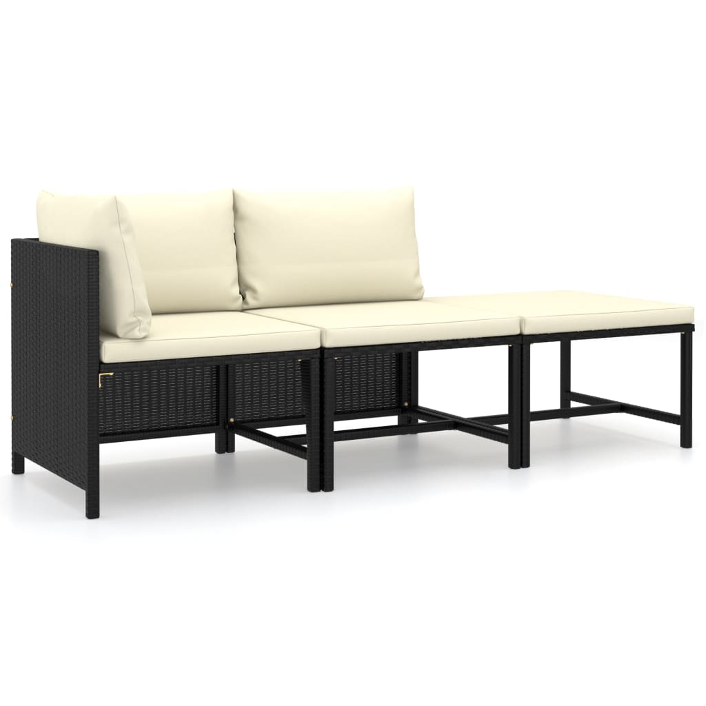 Set Divani da Giardino 3 pz con Cuscini in Polyrattan Nero