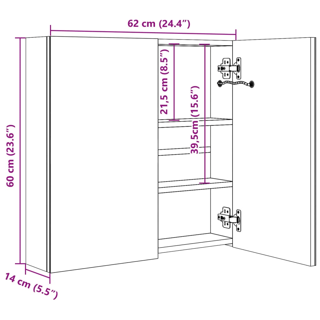 Armadietto Bagno con Specchio e LED 60x14x62 cm