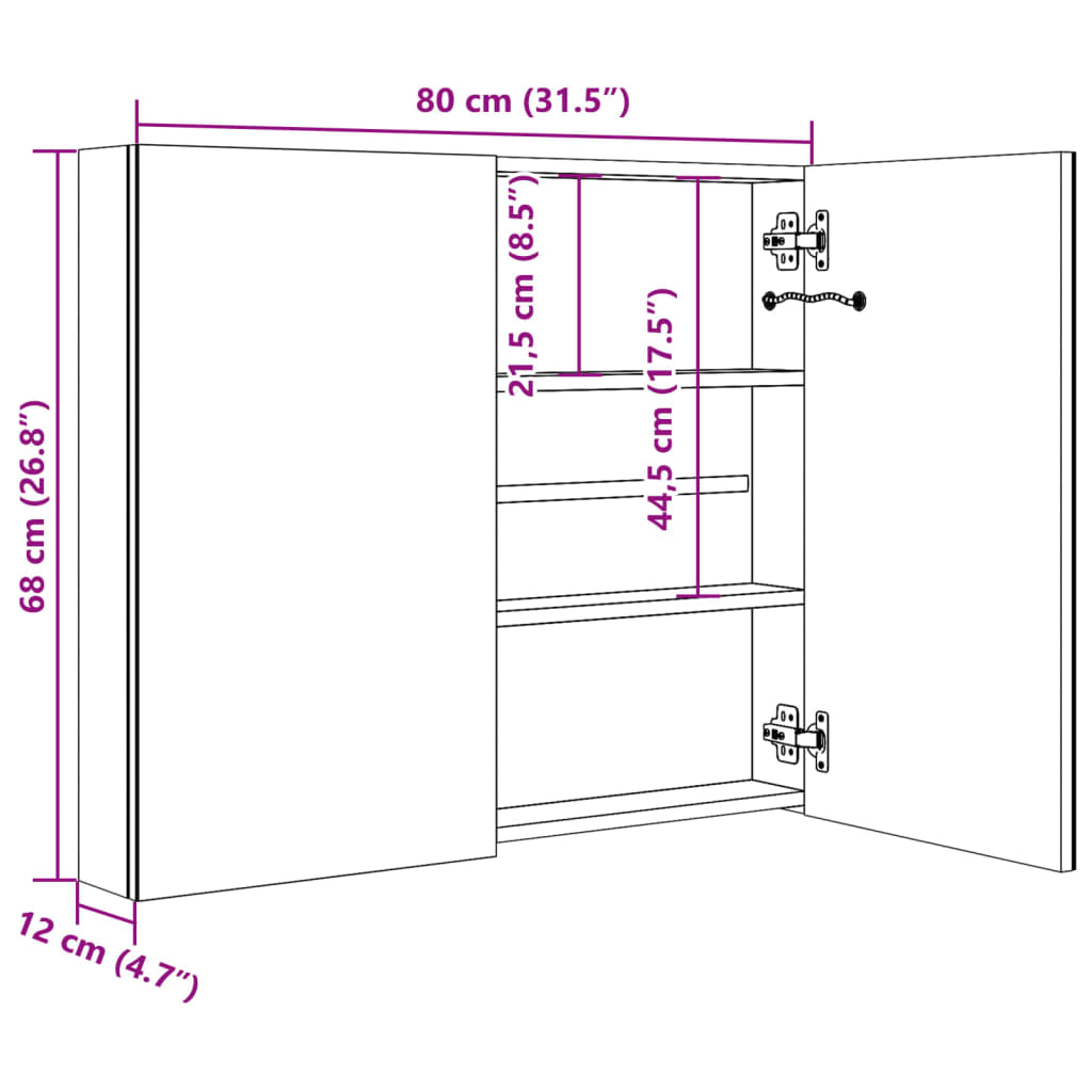 Armadietto Bagno con Specchio e LED 80x12,2x68 cm