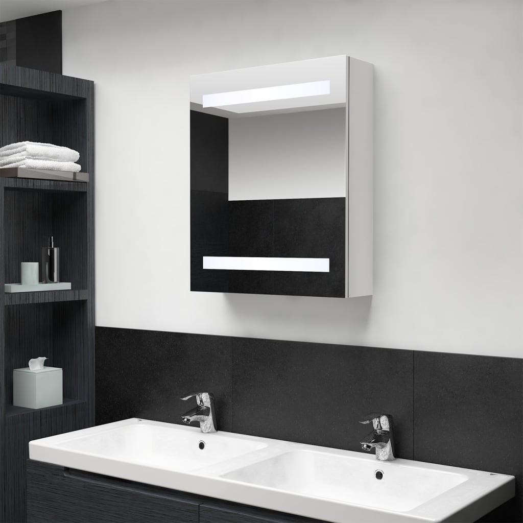 Armadietto Bagno con Specchio e LED Bianco Lucido 50x14x60 cm