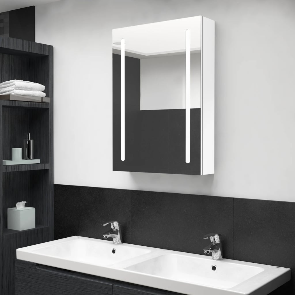 Armadietto Bagno con Specchio e LED Bianco Lucido 50x13x70 cm