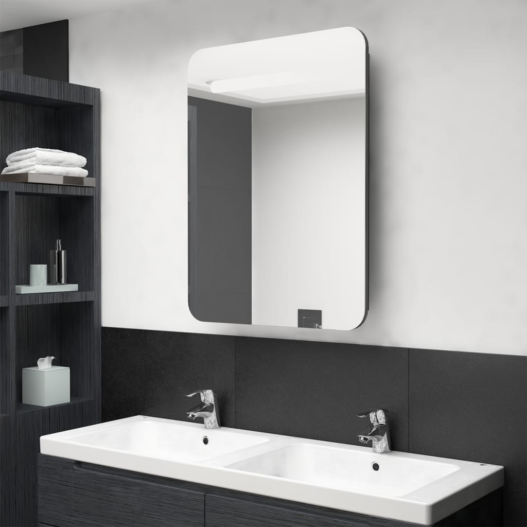 Armadietto Bagno con Specchio e LED Grigio Lucido 60x11x80 cm