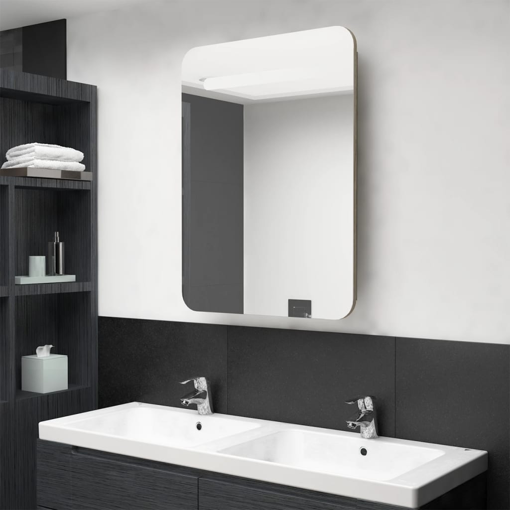 Armadietto Bagno con Specchio e LED Rovere 60x11x80 cm