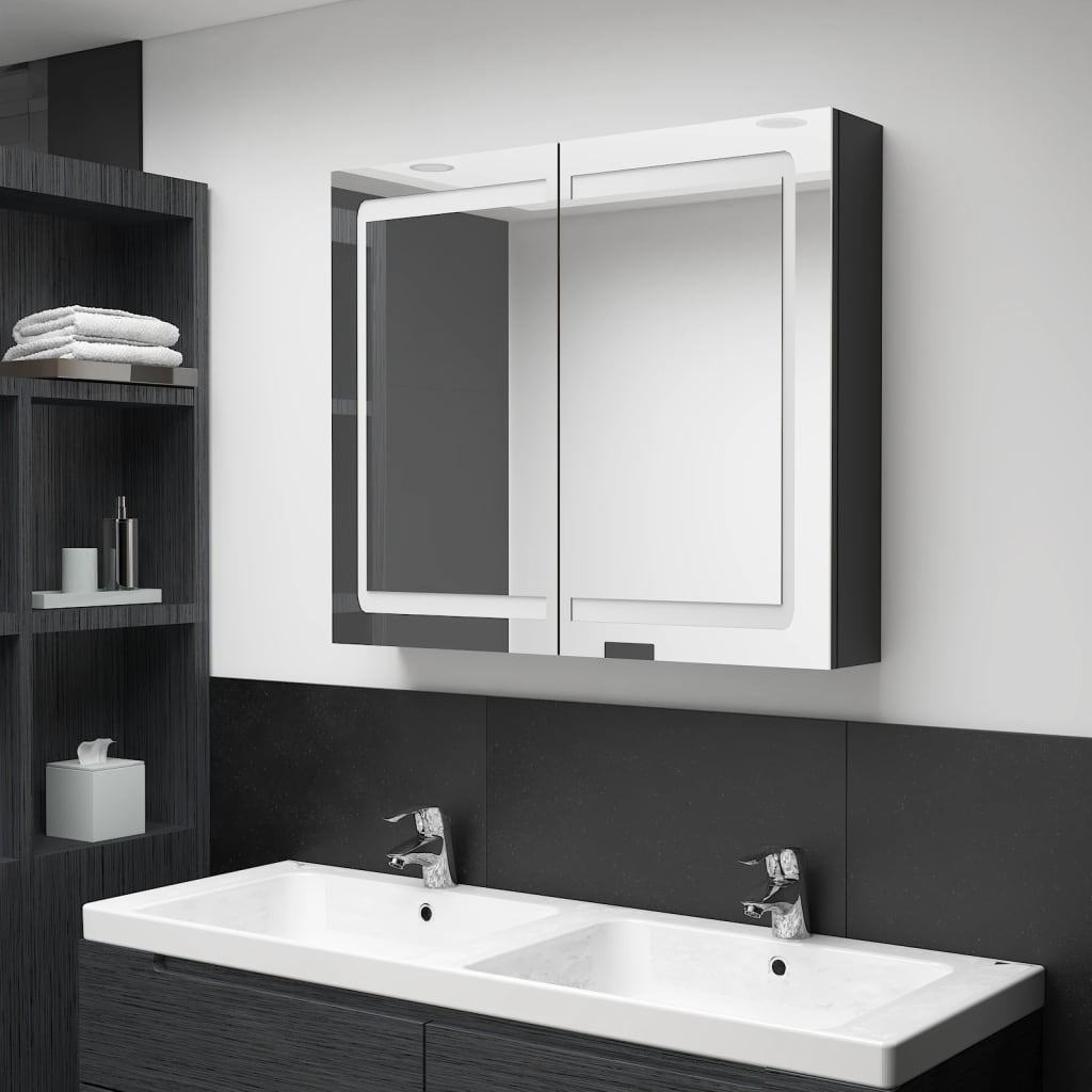 Armadietto Bagno con Specchio e LED Nero Lucido 80x12x68 cm