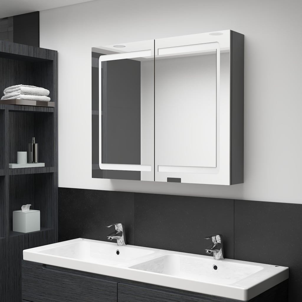 Armadietto Bagno con Specchio e LED Grigio 80x12x68 cm