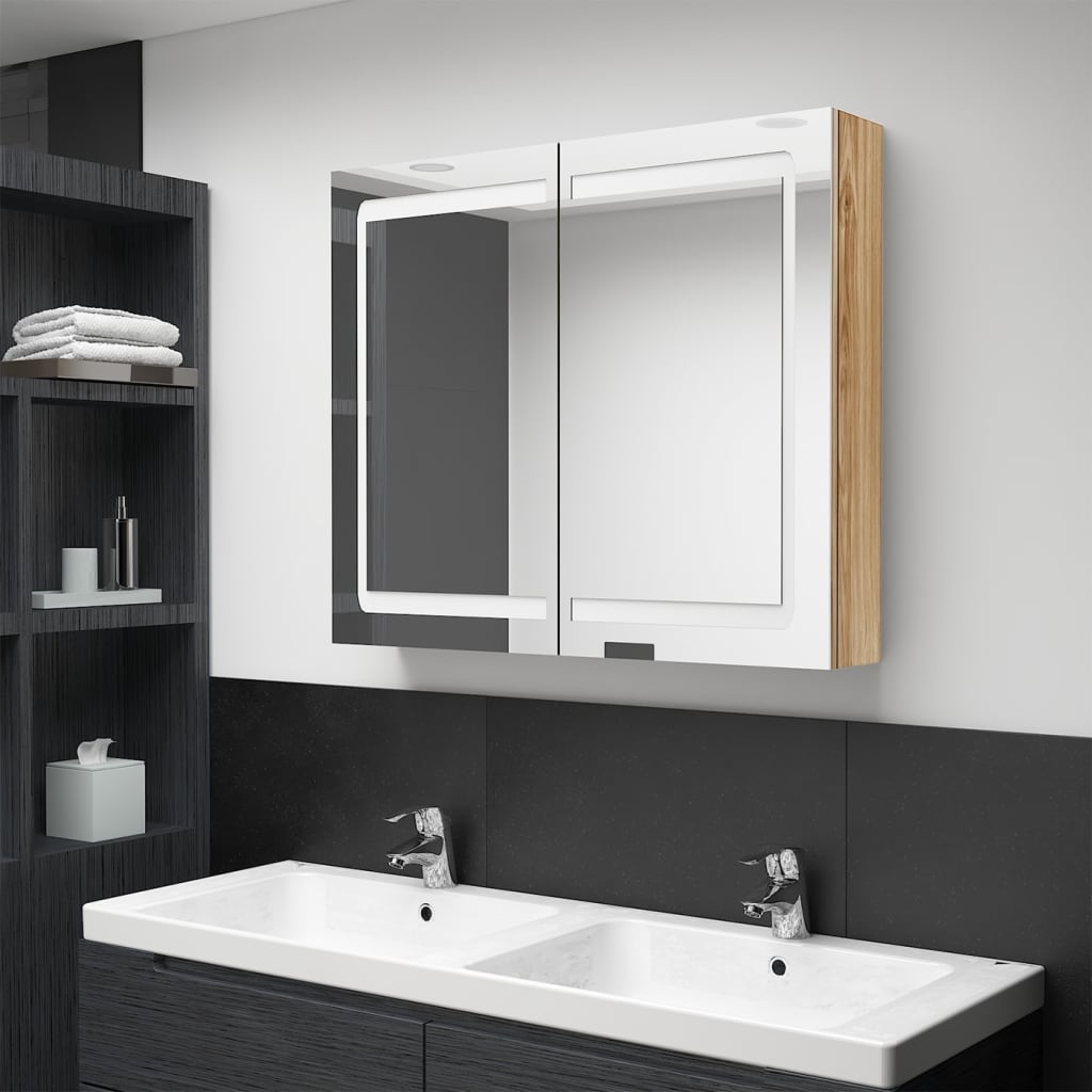 Armadietto Bagno con Specchio e LED Rovere 80x12x68 cm