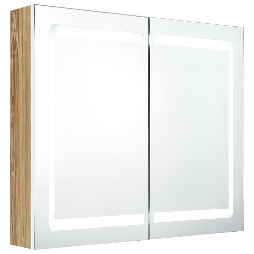 Armadietto Bagno con Specchio e LED Bianco e Rovere 80x12x68 cm