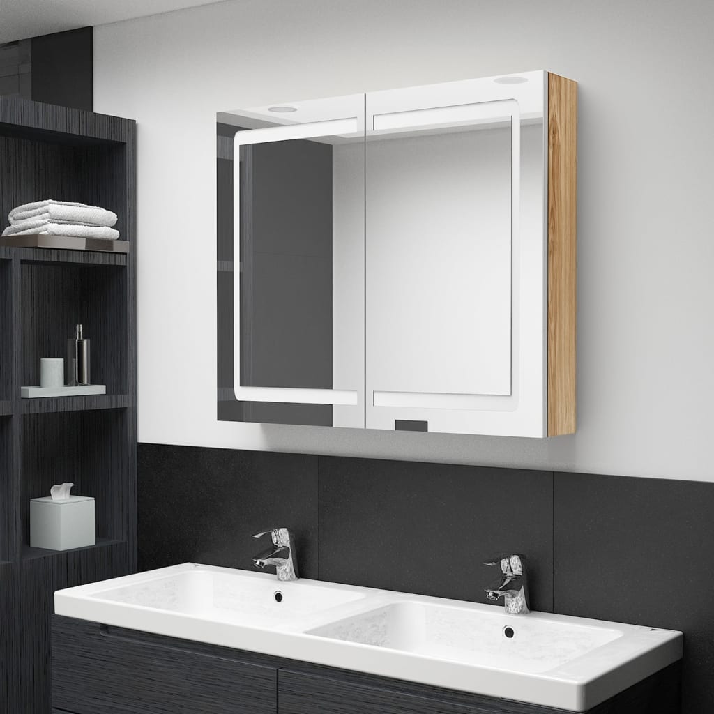 Armadietto Bagno con Specchio e LED Bianco e Rovere 80x12x68 cm