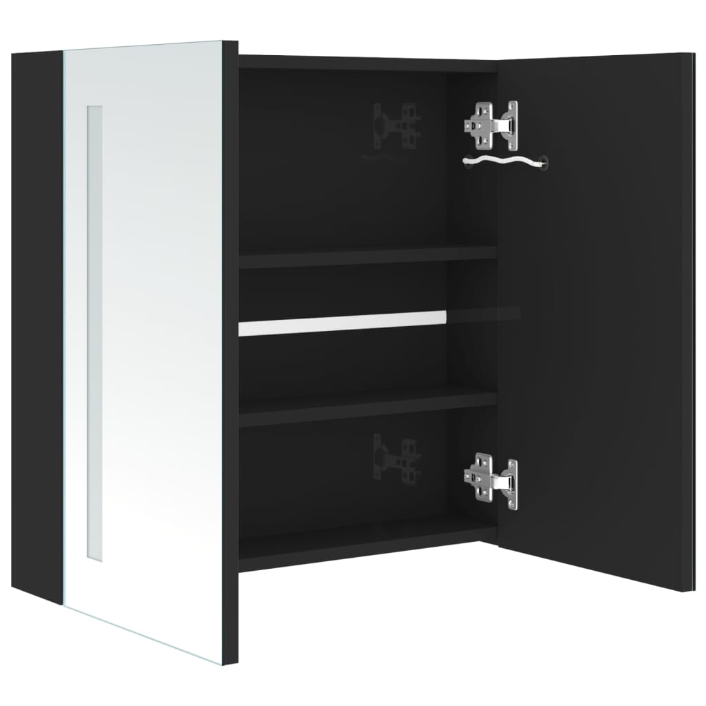 Armadietto Bagno con Specchio e LED Nero Lucido 62x14x60 cm