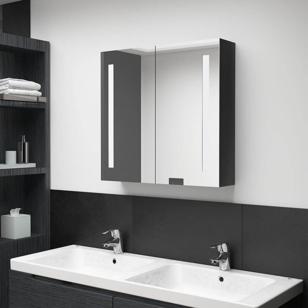 Armadietto Bagno con Specchio e LED Nero Lucido 62x14x60 cm