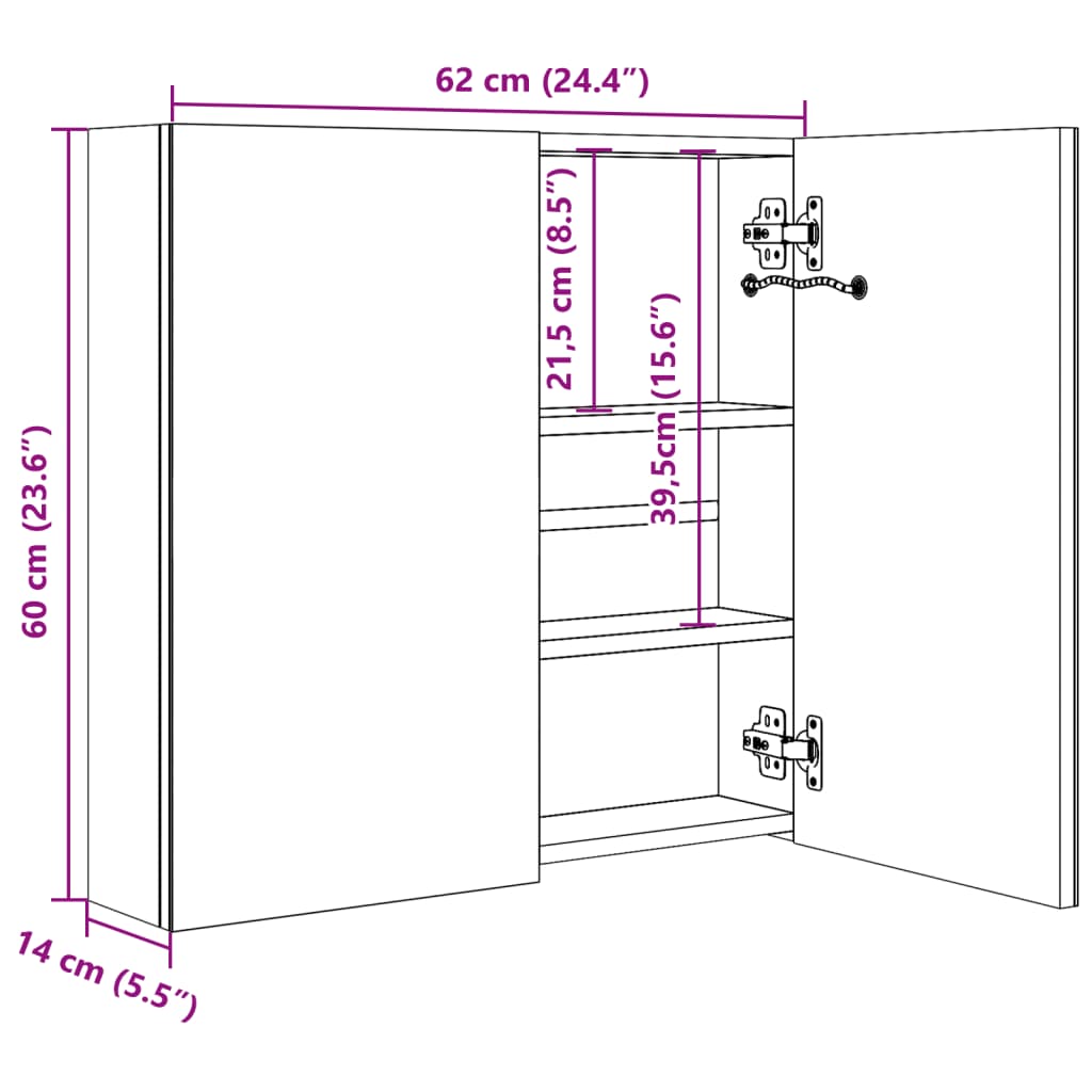 Armadietto Bagno con Specchio e LED Grigio Lucido 62x14x60 cm