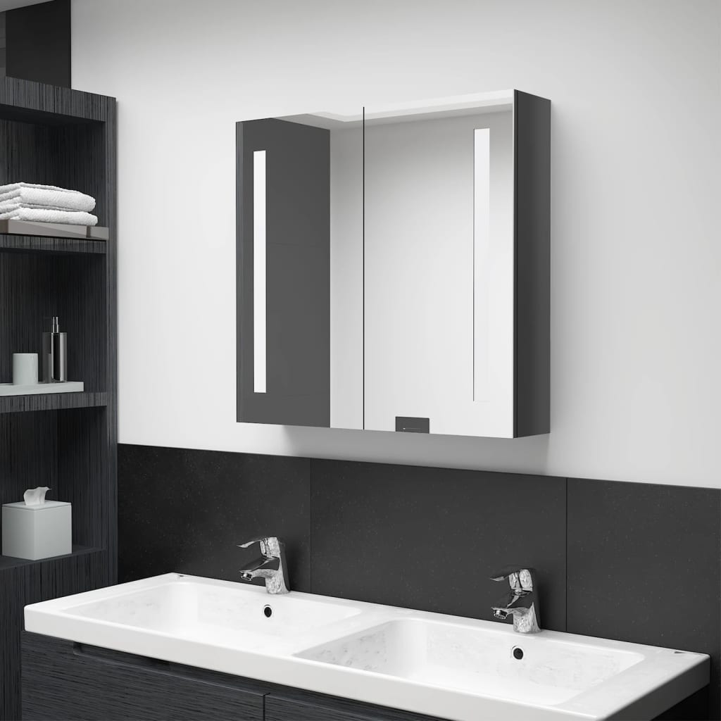 Armadietto Bagno con Specchio e LED Grigio Lucido 62x14x60 cm