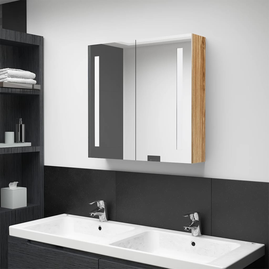 Armadietto Bagno con Specchio e LED Rovere 62x14x60 cm