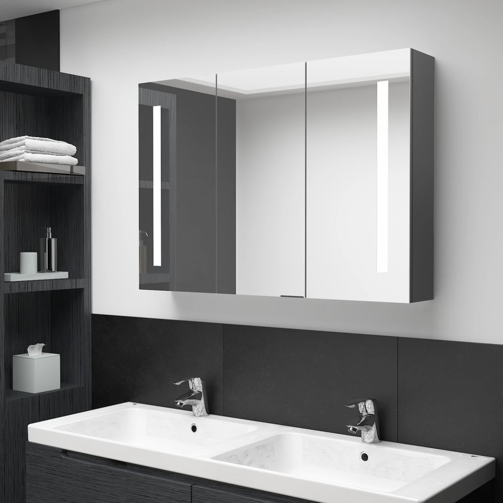 Armadietto Bagno con Specchio e LED 89x14x62 cm Grigio