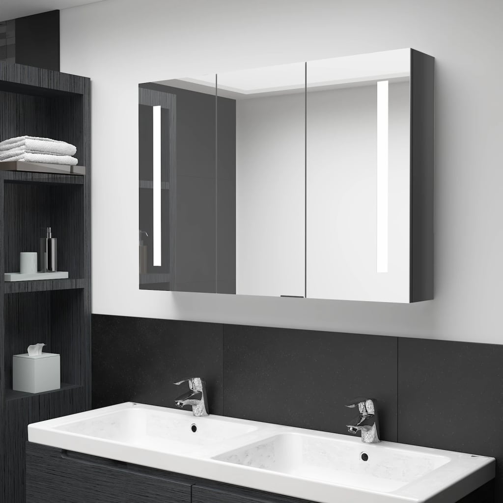 Armadietto Bagno con Specchio e LED 89x14x62 cm Grigio Lucido