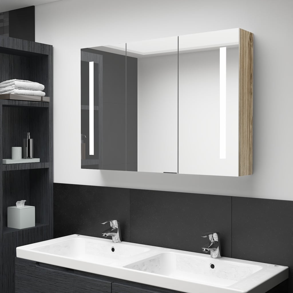 Armadietto Bagno con Specchio e LED 89x14x62 cm Rovere