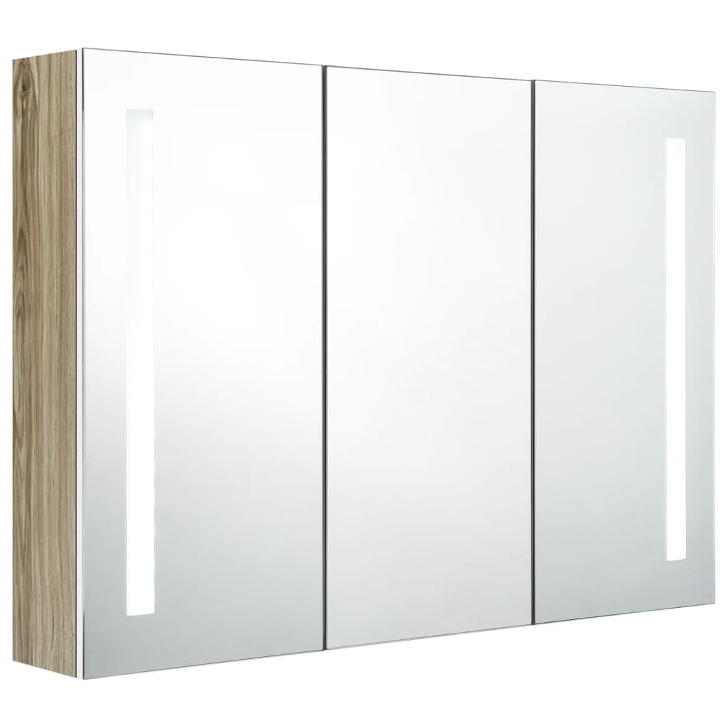 Armadietto Bagno con Specchio e LED 89x14x62 cm Bianco e Rovere