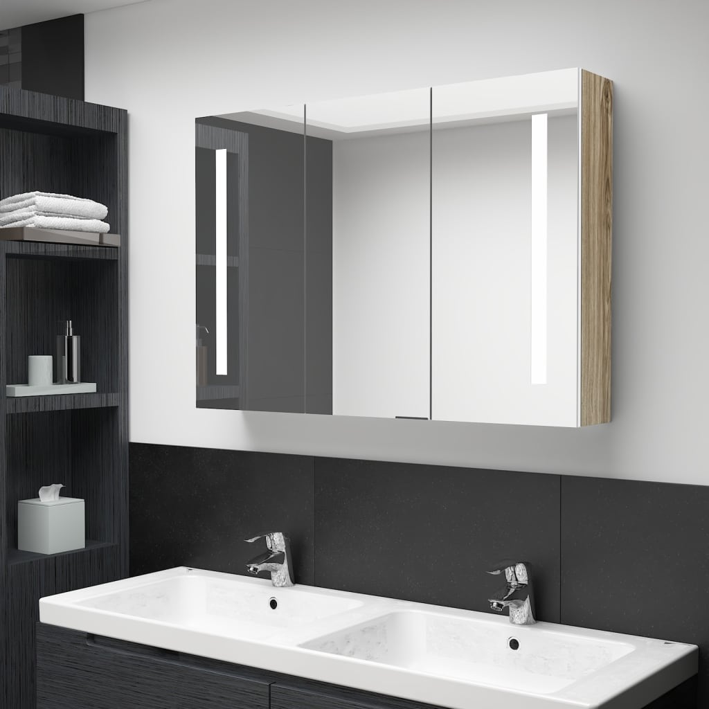 Armadietto Bagno con Specchio e LED 89x14x62 cm Bianco e Rovere