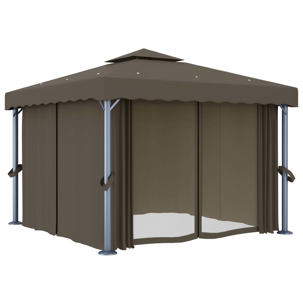 Gazebo con Tende e Stringa di Luci LED 3x3 m Grigio Talpa