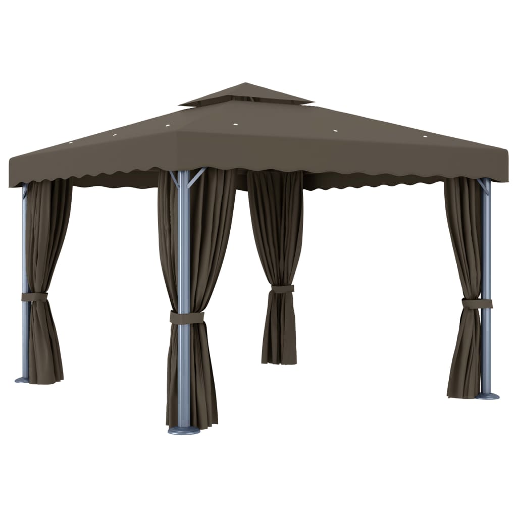 Gazebo con Tende e Stringa di Luci LED 3x3 m Grigio Talpa