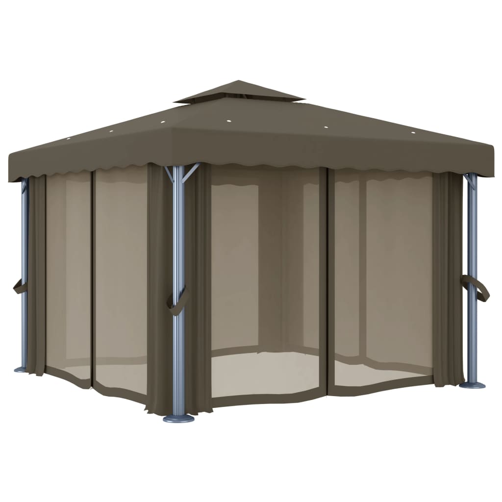 Gazebo con Tende e Stringa di Luci LED 3x3 m Grigio Talpa