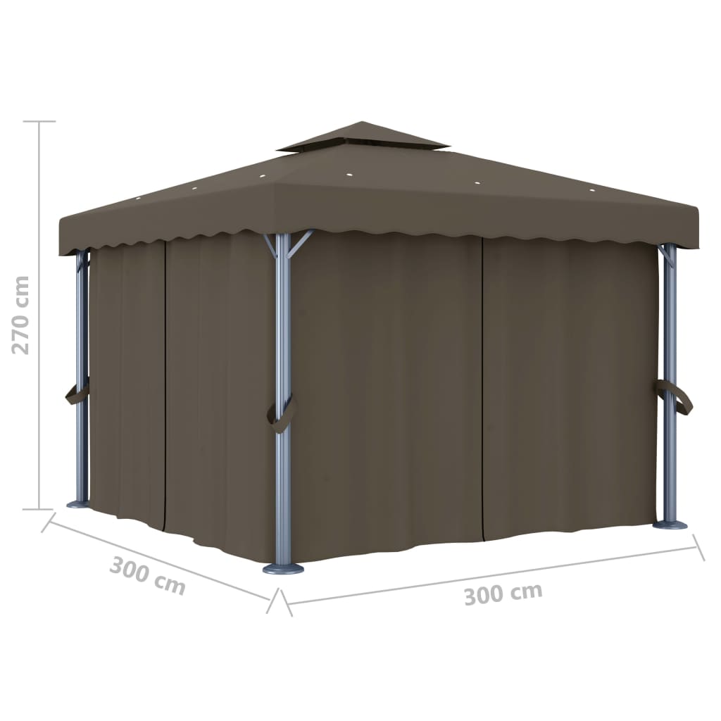 Gazebo con Tende e Stringa di Luci LED 3x3 m Grigio Talpa