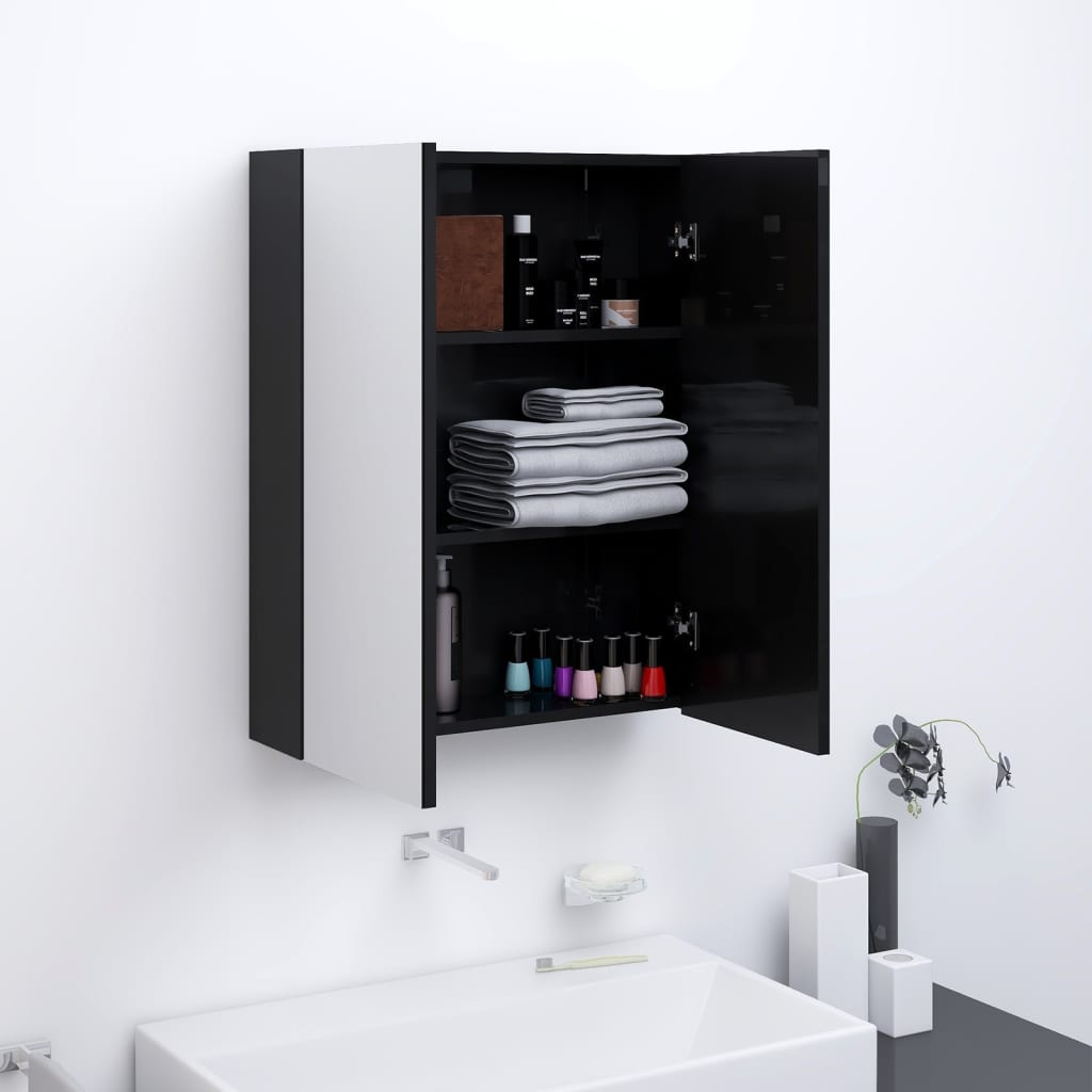 Armadietto a Specchio per Bagno 60x15x75 cm MDF Nero Lucido