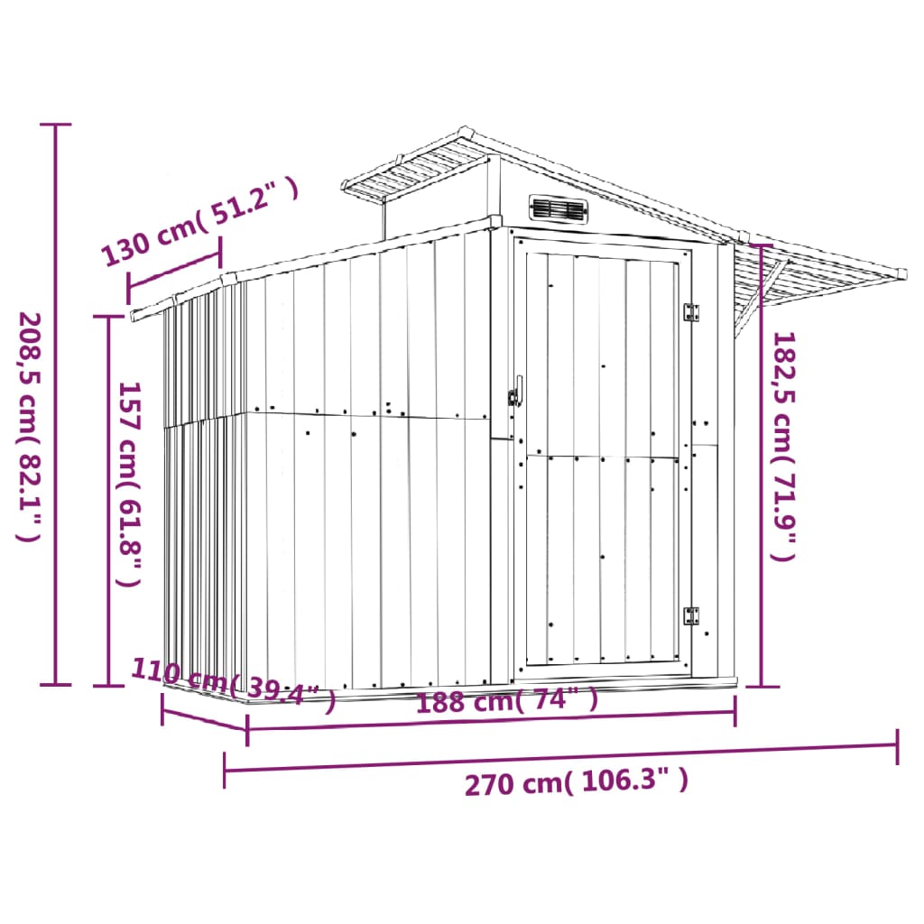 Capanno da Giardino Marrone 270x130x208,5 cm Acciaio Zincato