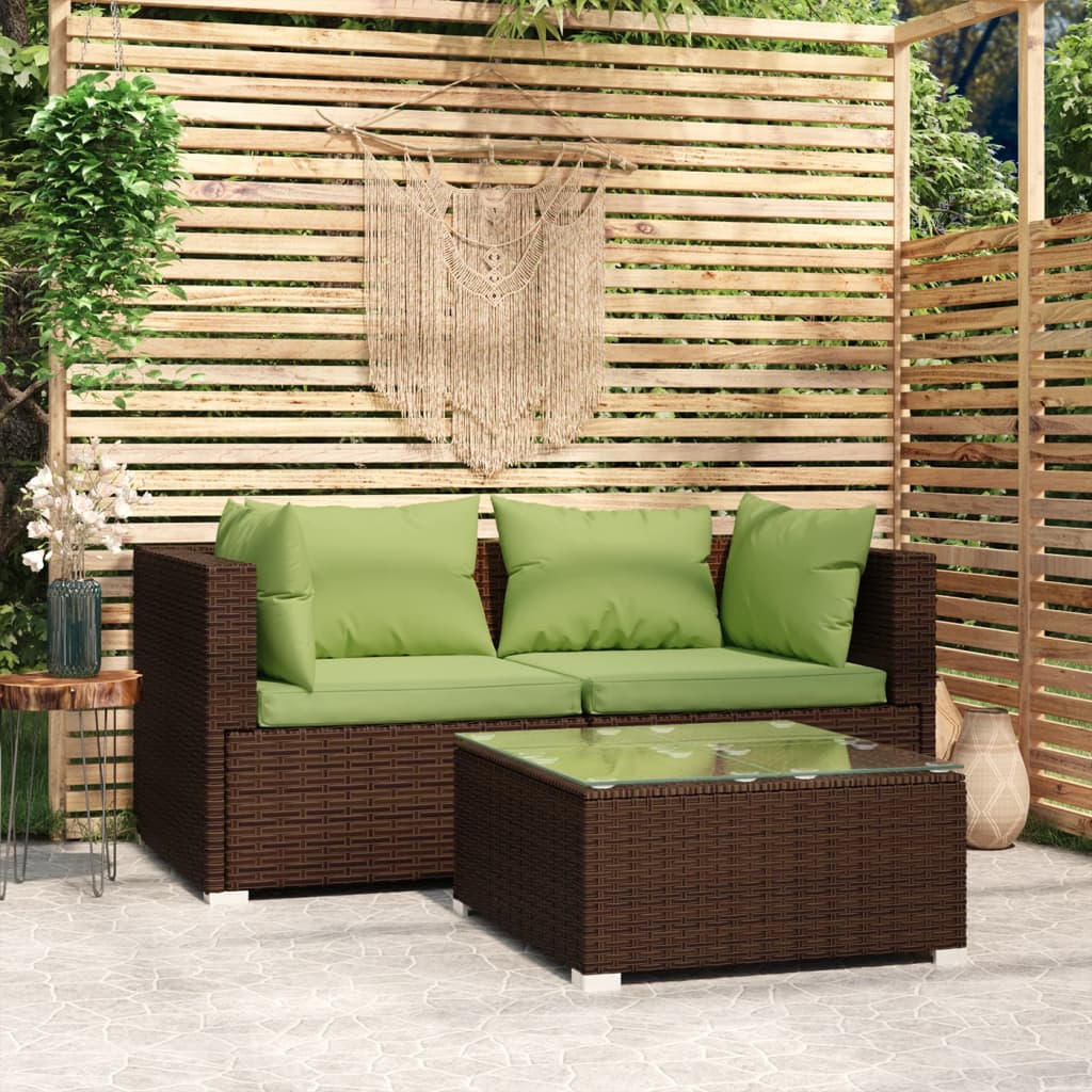 Set Mobili da Giardino 3 pz con Cuscini in Polyrattan Marrone