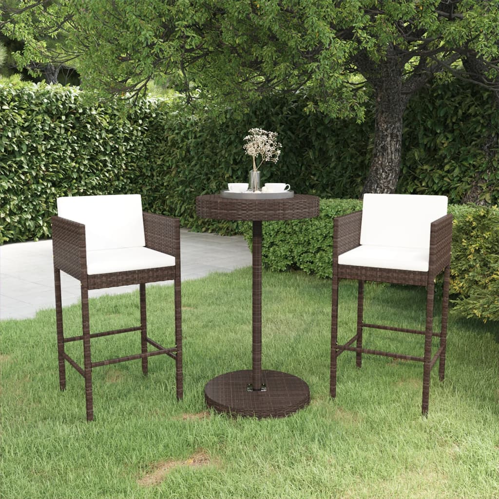 Set Bar da Giardino 3 pz con Cuscini Polyrattan Marrone