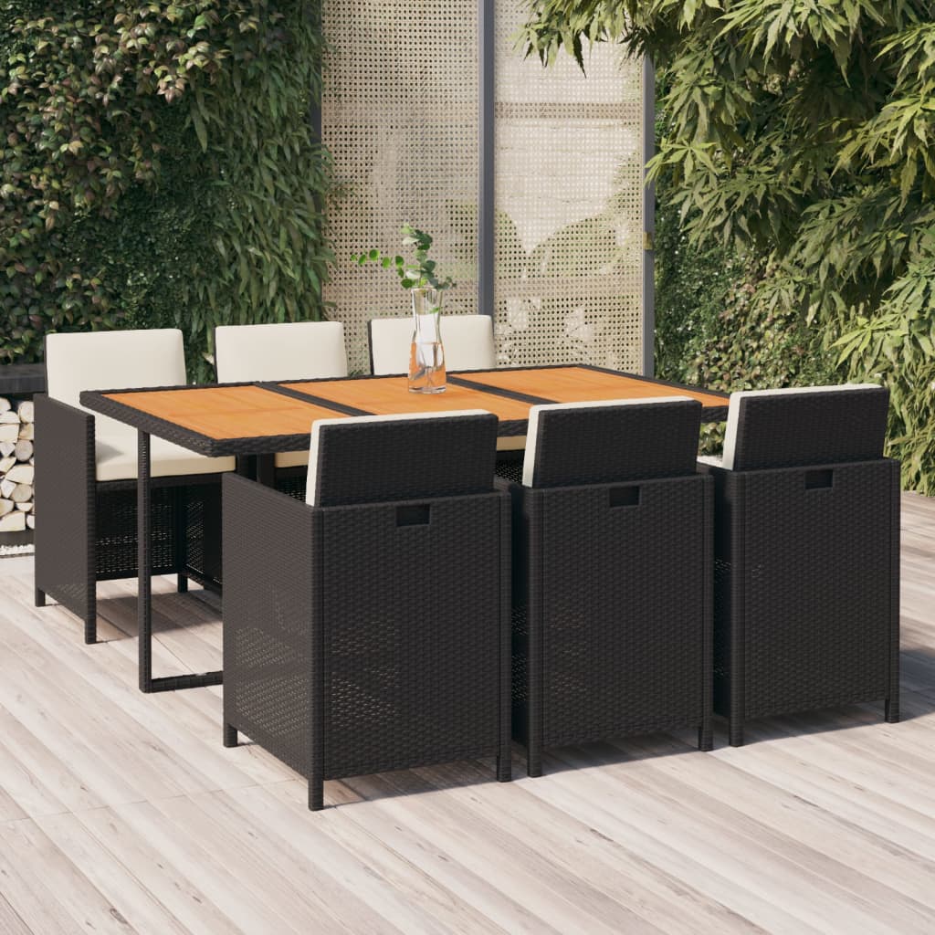 Set da Pranzo da Giardino 7 pz Nero con Cuscini in Polyrattan